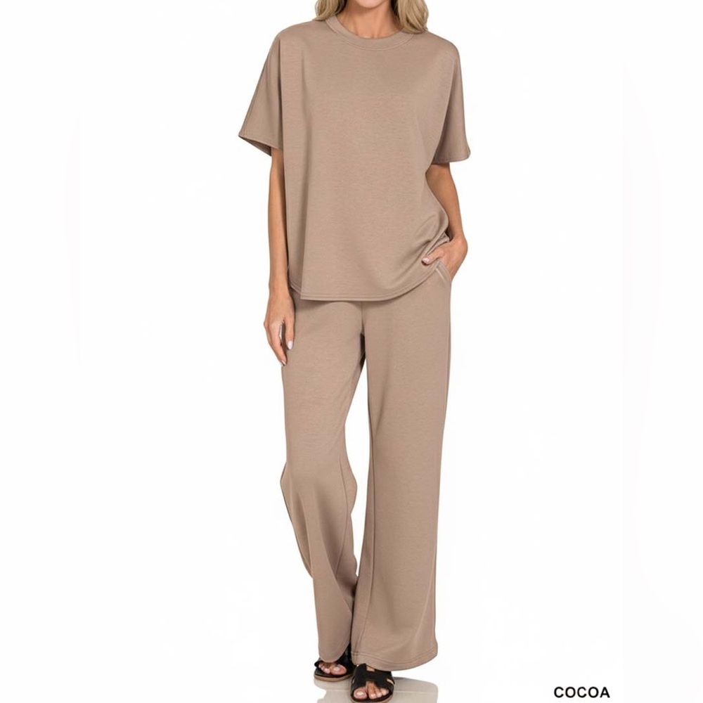 Zenana Scuba Curbed Hem Top & Pants Set Medium